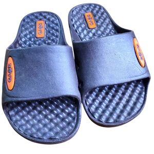 Kids Revo Blue and Orange Slide Sandals. SMALL